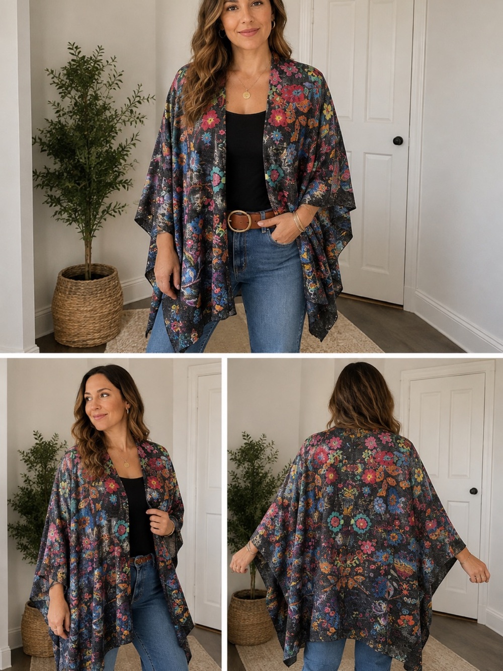 Natural Life Womens One Size Floral Fleece Kimono Open Front Boho Artsy NWT - Picture 2 of 4